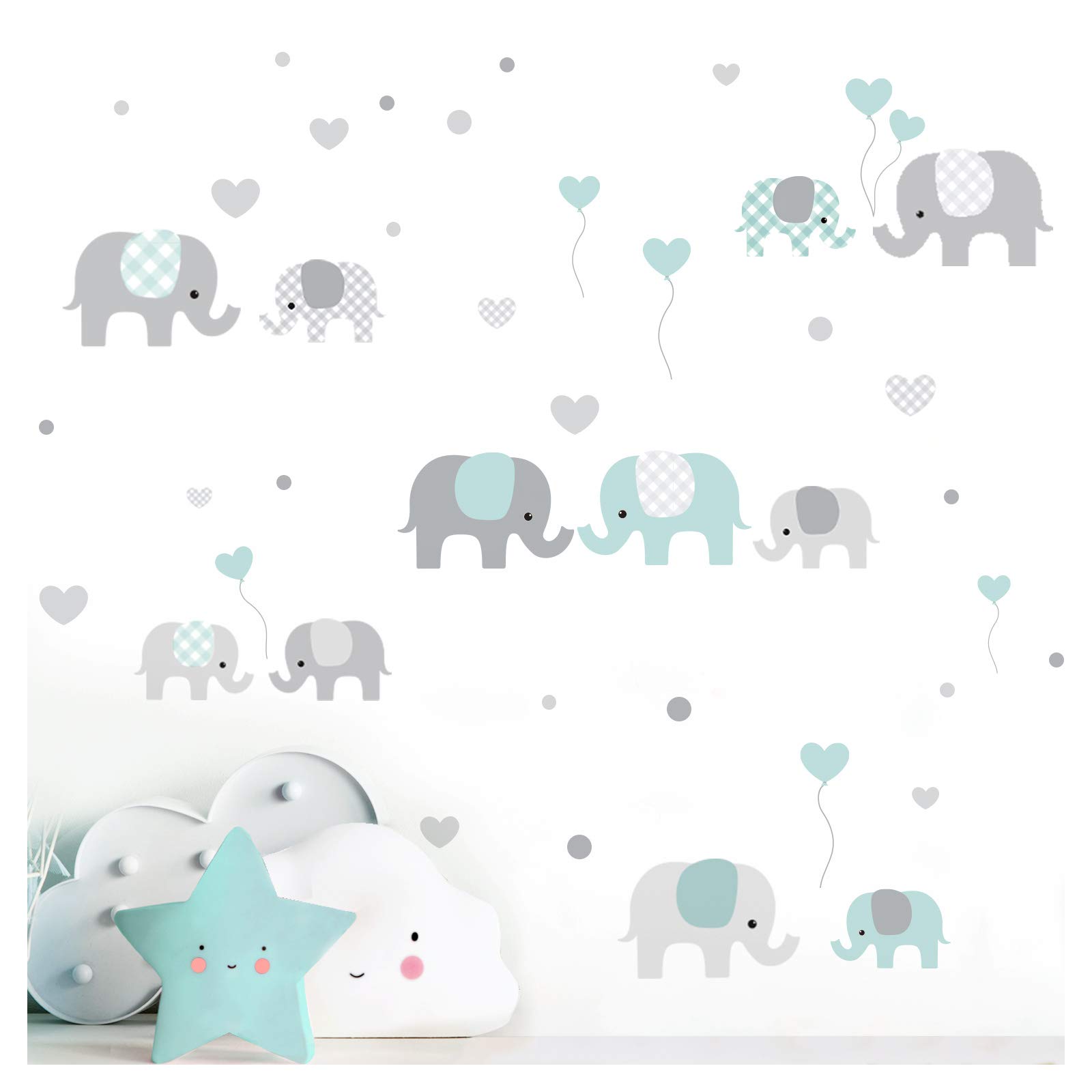 Little Deco DL340 Wall Sticker for Children's Room Boy Girl Elephants Grey Mint I Two A4 Sheets I Wall Sticker Decorative Sticker Baby Room Wall Sticker Boys Sticker