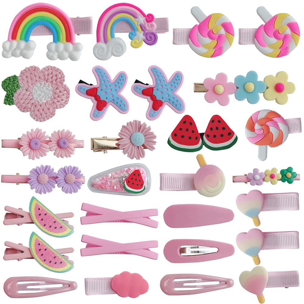 Girls Barrettes, 28 PCS Girls Hair Clips Lovely Multiple Color and Multiple Style Hairpin for Baby Girls Children as Birthday Christmas Children Day Gift (Pink)