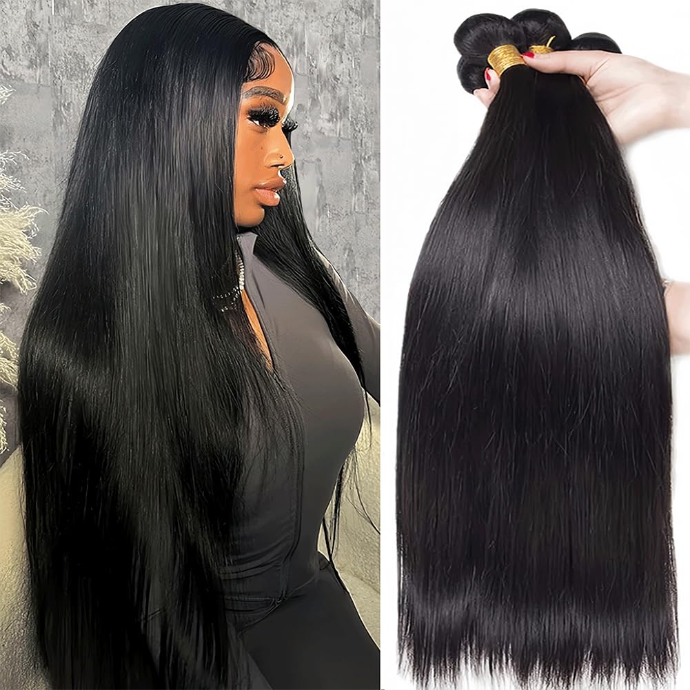 Brazilian Straight Bundles Human Hair 24 26 28 30 Inch 100% Unprocessed Brazilian Remy Human Hair Natural Wave 4 Bundles Virgin Hair Extensions Double Weft Natural Color for Black Women — image 1