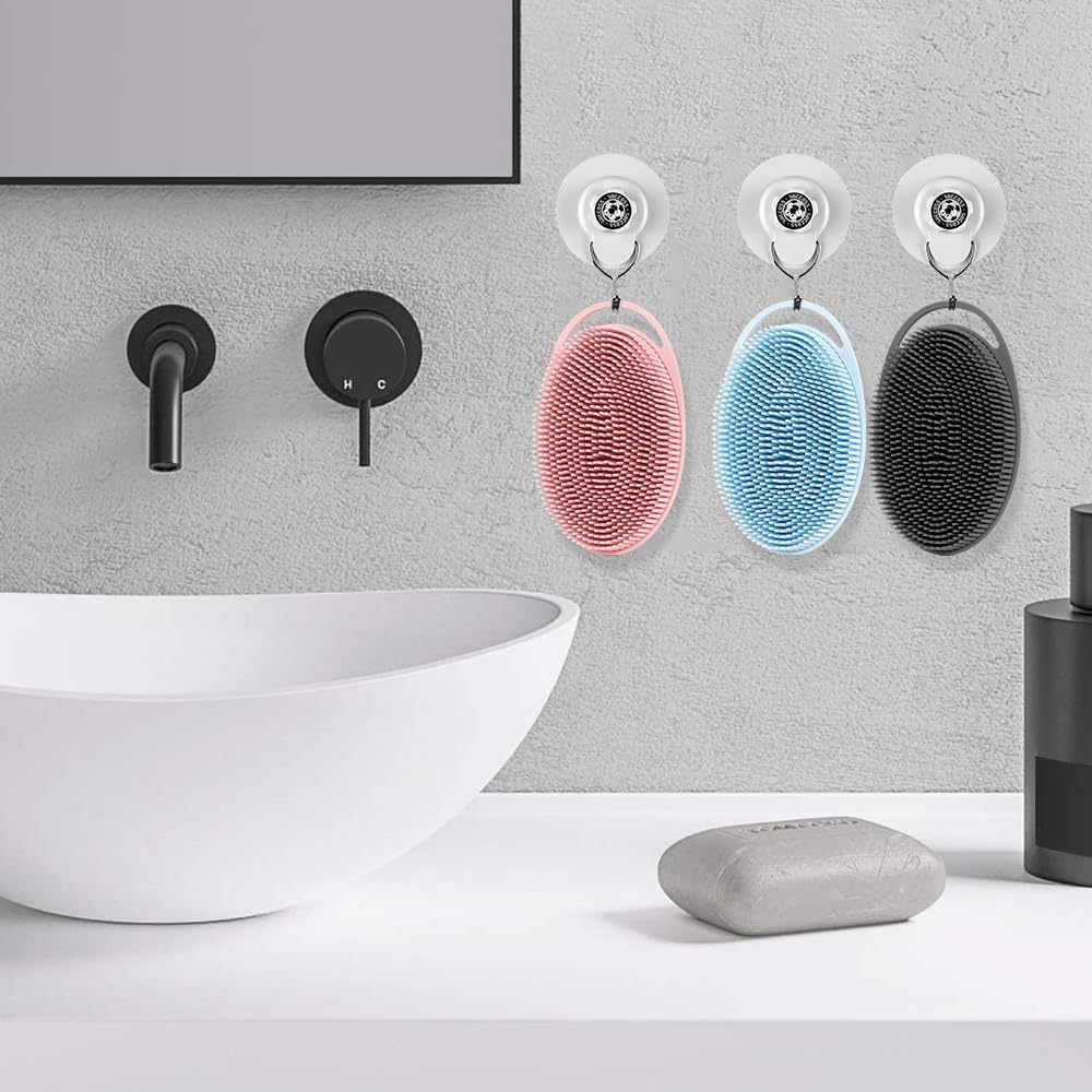 3 PCS Soft Silicone Body Scrubber,Silicone Body Shower,Silicone Loofah 2 in 4 Bath and Shampoo Brush, Body Scrubber Shower Cleaning Exfoliating Use,Lather Well, Black,Pink,Blue