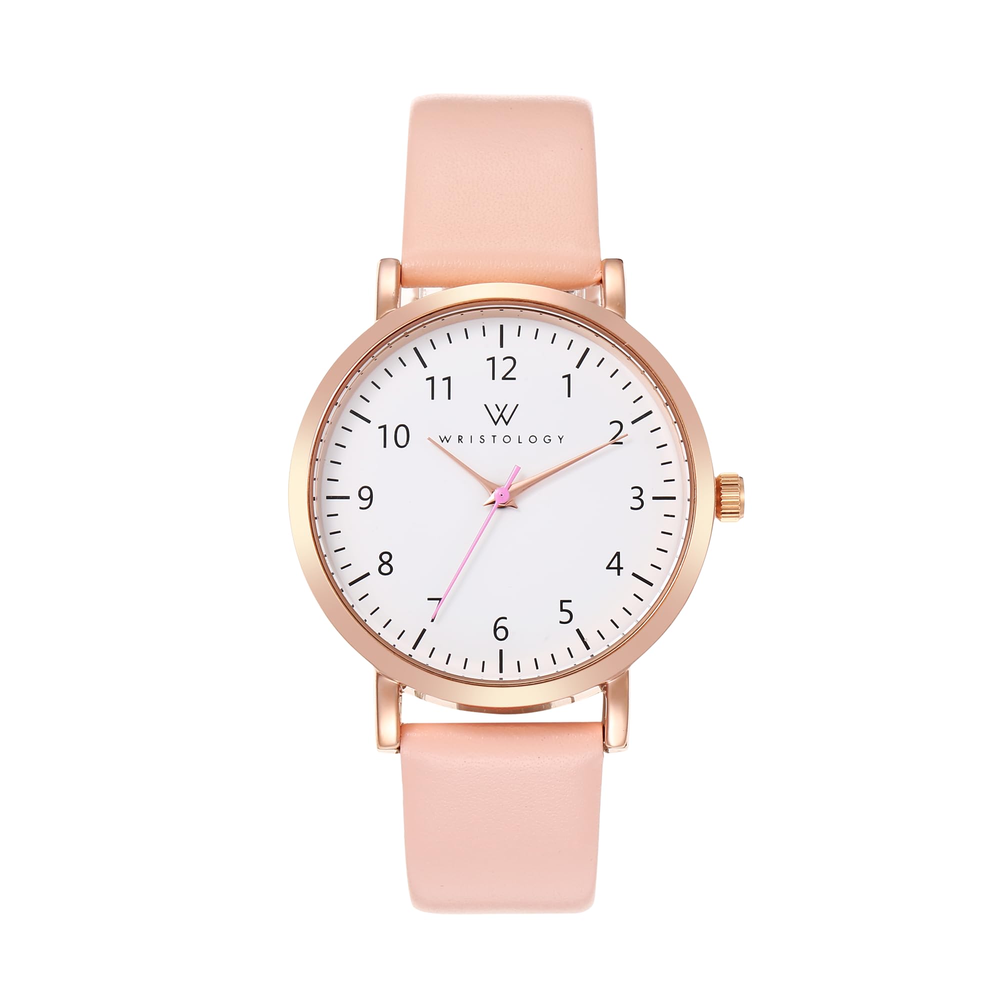 WRISTOLOGY 29 Options,Numbers Watch Leather Band,Interchangeable Genuine Leather Strap,Large Easy to Read Analog Face with Second Hand for Women, Men, Nurses, Teachers, Seniors,Pink, Olivia