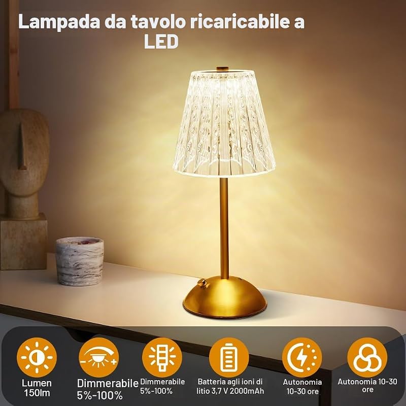 Lampada da Tavolo Ricaricabile e Senza Fili, 2000mAh Dimmerabile Abat Jour da Comodino Cristallo, Lampada da Comodino Touch Dimmerabile, 3 Colori USB-C, per Camera, Salotto, Ufficio, Bar, oro