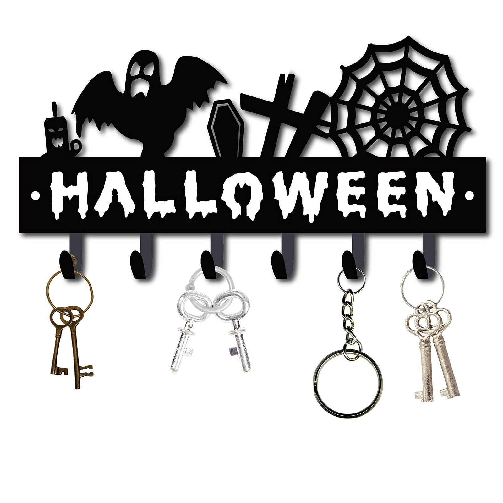 CREATCABIN Metal Key Holder Black Key Hooks Wall Mount Hanger Decor Organizer Rock Decorative with 6 Hooks Halloween Spider Web Ghost Pattern for Front Door Entryway Hat Towel 10.6 x 5.5 x 1.5 inches