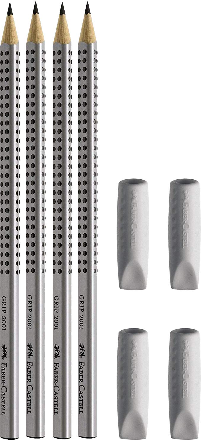 Faber-Castell Eraser Caps Grip Grey Pack of 4 + 4 HB Pencils