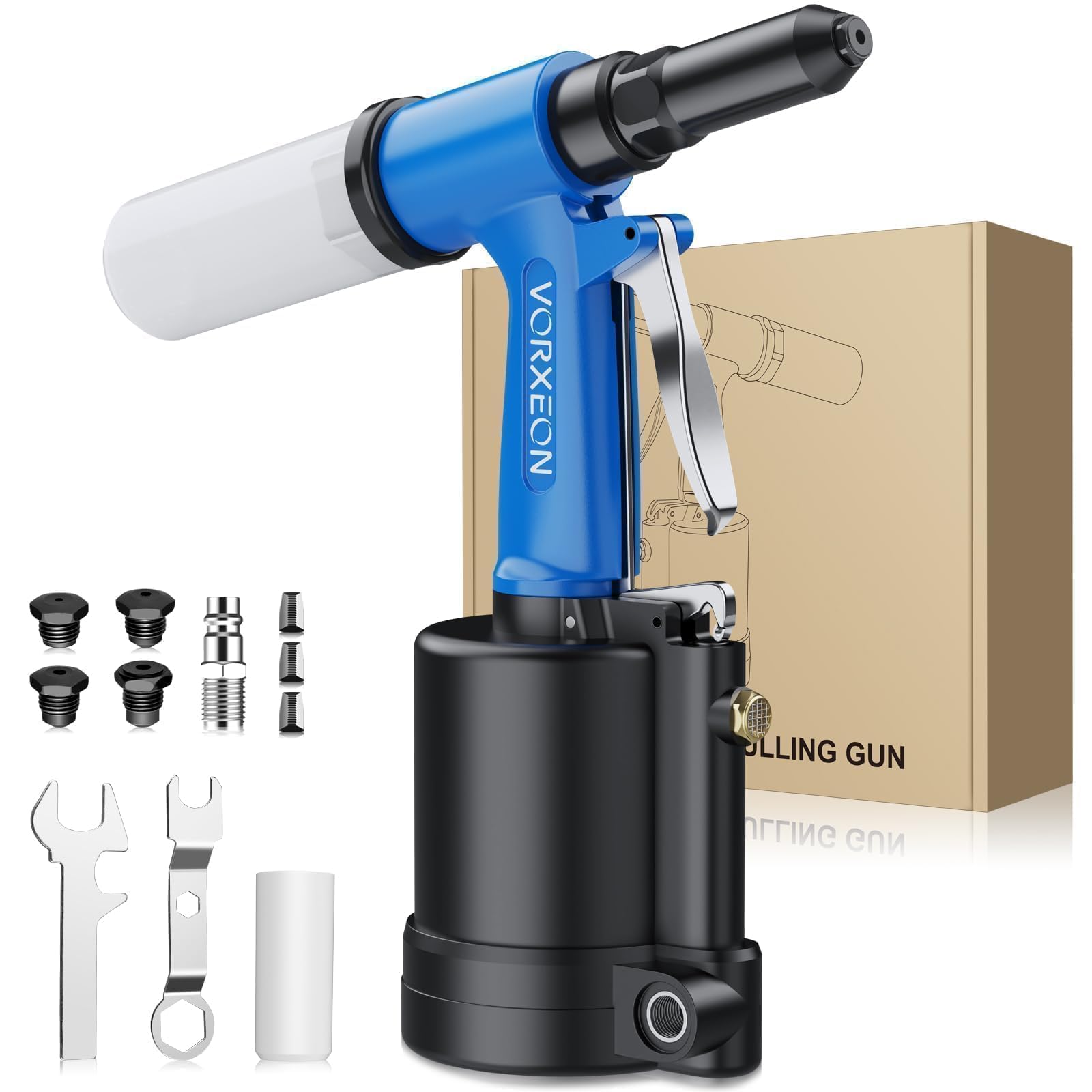 VORXEON Pneumatic Rivet Gun Set 4 Sizes (2.4mm/3/32-4.8mm/3/16), 1408KGF Pulling Force, Air Riveter Ideal for DIY, Garage, and Automotive Use