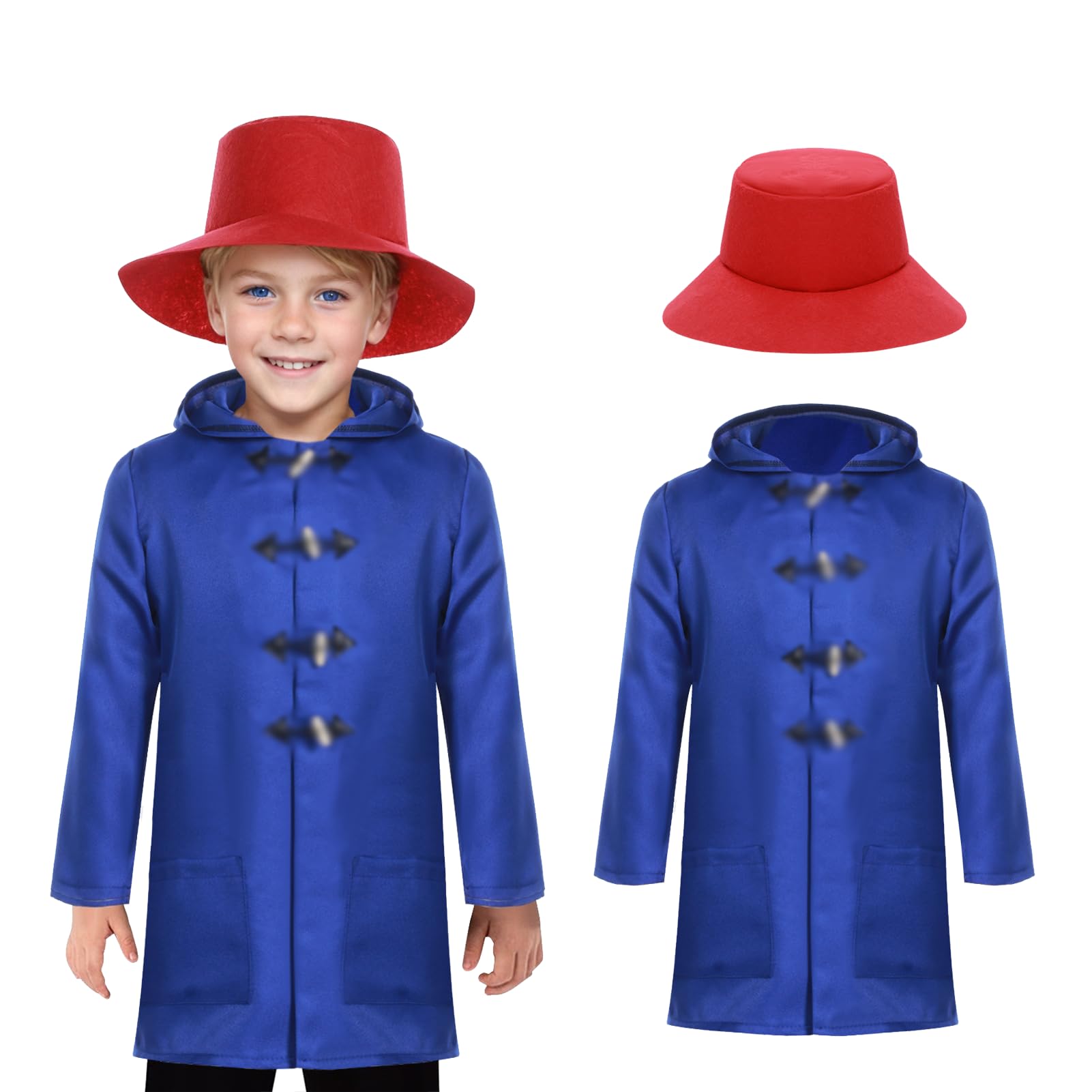 Raveparty Kids World Book Day Costumes Boys, Book Character Costumes with Blue Duffle Coat Red Hat Costumes for World Book Day (Blue, S)