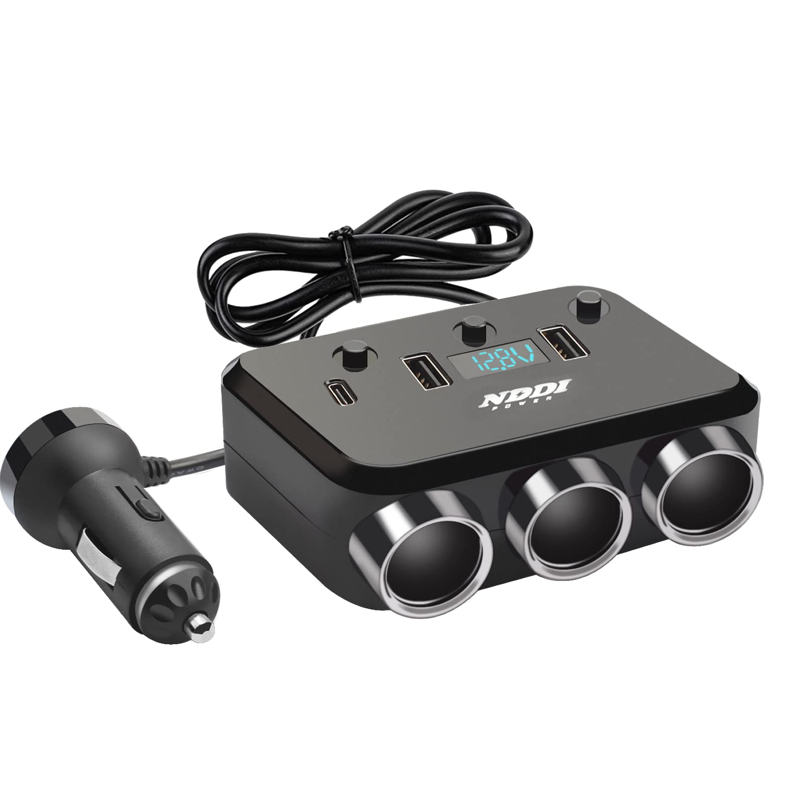Photo 1 of NDDI POWER Cigarette Lighter Splitter, 12V/24V 3-Socket Vehicles Adapter with QC 3.0A Dual USB and PD Type-C Cigarette Lighter Adapter, LED Display Voltage, Upgraded Separate On Off Switch