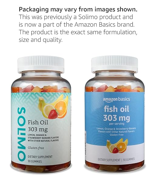 AMAZON BASICS FISH OIL 303 MG, LEMON, ORANGE & STRAWBERRY-BANANA FLAVORS, 90 GUMMIES (2 PER SERVING), EPA AND DHA OMEGA-3 FATTY ACIDS (PREVIOUSLY SOLIMO)
