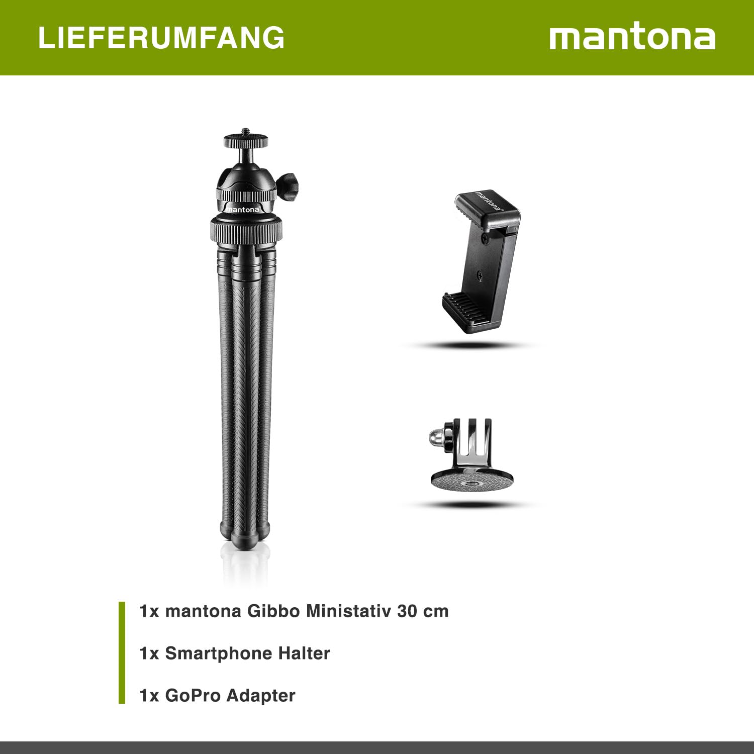 Mantona Gibbo Flex Ministativ 30 cm, Kamera Stativ mit flexiblen Beinen, Dreibein Reisestativ mit 360° Kugelkopf, Smartphonehalterung und Halterung kompatibel mit GoPro 5
