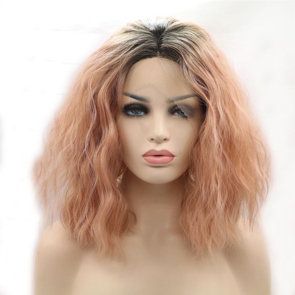 Xiweiya Ombre Light Orange Pink Puffy Curly Short Bob Wig with Black Roots Peach Pink Synthetic Lace Front Wigs Afro Curly Hair Middle Part Heat Resistant Fiber for Women, Girl Drag Queen 16 inch