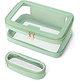 Soimeat Travel Clear Makeup Bag with Makeup Brush Bag, Leather Makeup Case Toiletry Bag, Portable Cosmetic Bag Case, Transparent Waterproof Cosmetic Organizer Storage Bag for Women, Mint Green