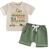 Toddler Baby Boy Clothes Summer Short Sleeve Trucks Tractors Print T-Shirt Tops Solid Color Shorts Set Casual Outfit