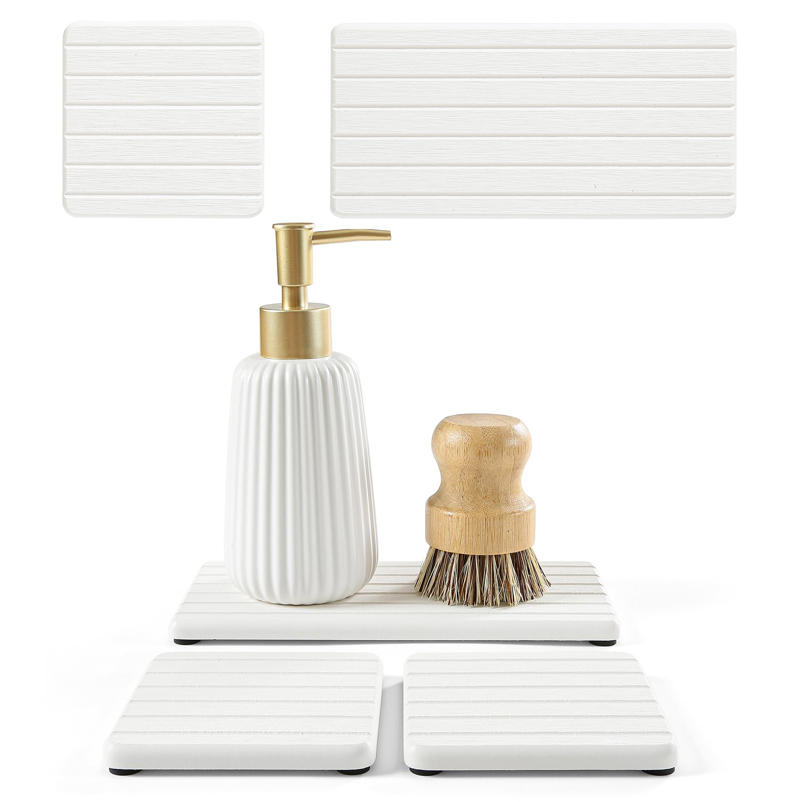 Diatomaceous Earth Sink Organizer Tray Set, 3-Pack Fast Drying Water Absorbing Stone Soap Holder Caddy for Kitchen & Bathroom Counter, Faucet Splash Guard, White (1pc of 8"x3.8" + 2pcs of 3.8"x3.8")