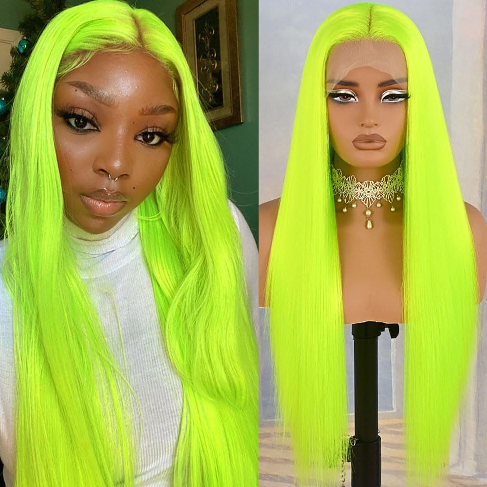 Photo 1 of Aubree Fluorescent Green Wigs for Women Neon Green Long Straight Lace Front Synthetic Wigs with Baby Hair Glueless Heat Resistant Hair Replacement for Cosplay Party Christmas gift