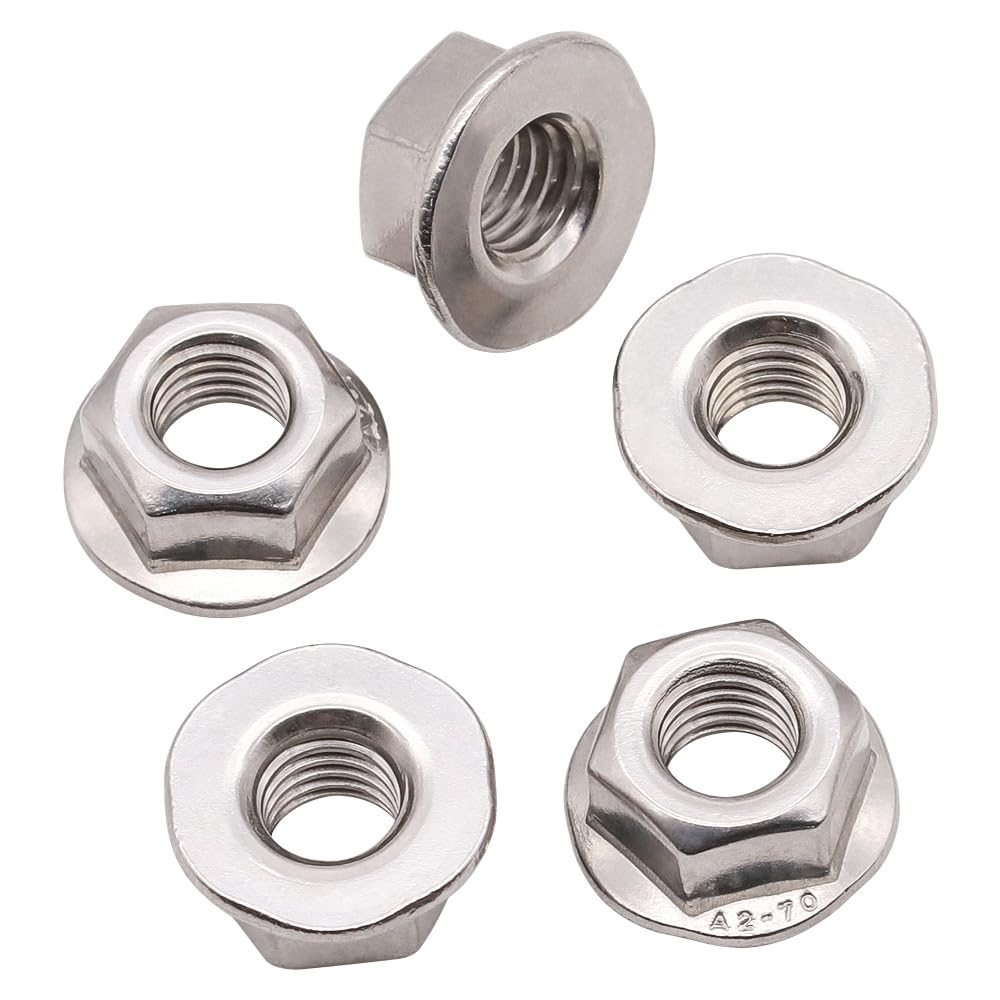 Photo 1 of (50 PCS) M6-1.0 Hexagon Flange Nuts with Non-Serrated Flange Washer Head, 304 Stainless Steel, Hex Drive, Full Thread