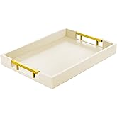 ATZYmolin Leather Serving Tray with Gold Polished Metal Handles, Home Decorative Wooden Rectangle Ottoman Decor Platter Bathroom Vanity Tray for All Occasions Cream