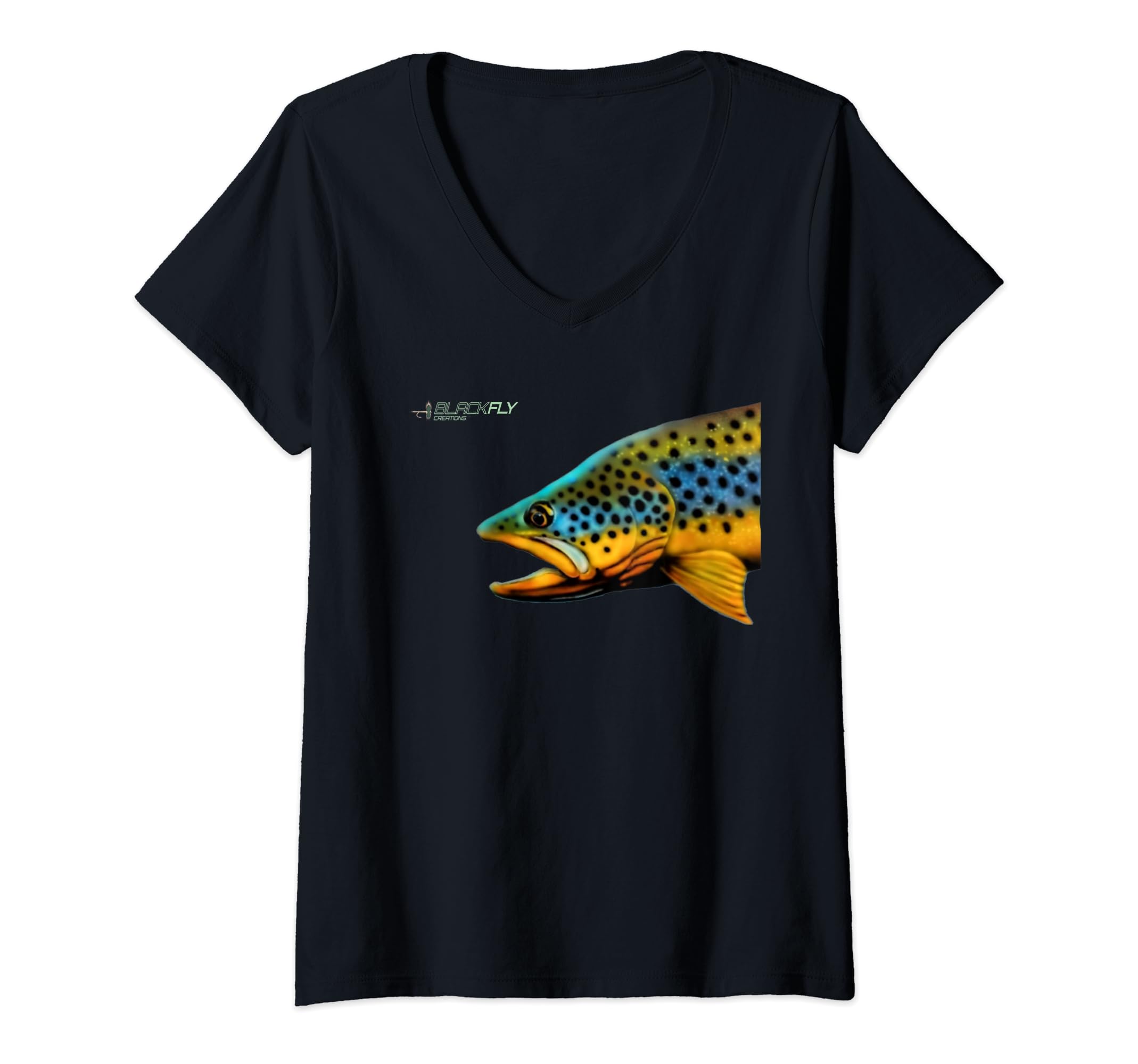 Womens Beautiful Brown Trout Fish Retro Fly Fishing V-Neck T-Shirt
