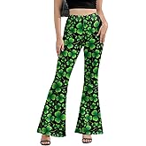Womens St Patricks Day Bell Bottoms Leggings, High Waisted Printed Flare Plus Size Bell Bottoms Pants Green Pants Black