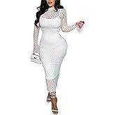 Women's Elegant Bodycon Midi Dress Lace Party Cocktail Wedding Guest Dress
