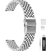 Juntan Stainless Steel Watch Band 20mm 22mm, 7 Half Beads Polished Brushed Watch Bands for Men Women, Metal Quick Release Watch Strap Watch Bracelet with Deployment Double Folding Buckle