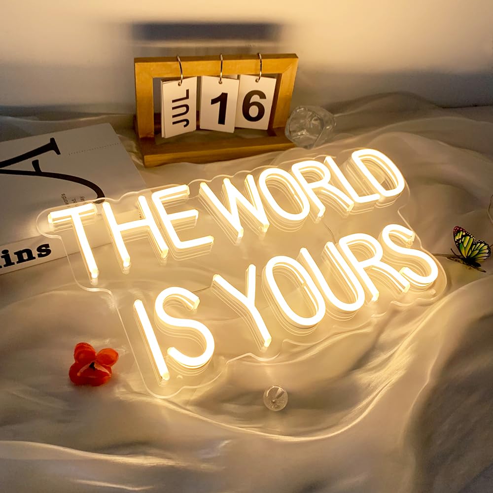 Photo 1 of The World Is Yours Neon Sign for Wall Decor, Warm White Scarface LED Light Up Sign for Bedroom Game Room Man Cave, Birthday Graduation Gifts, 17"x9" by DIVATLA