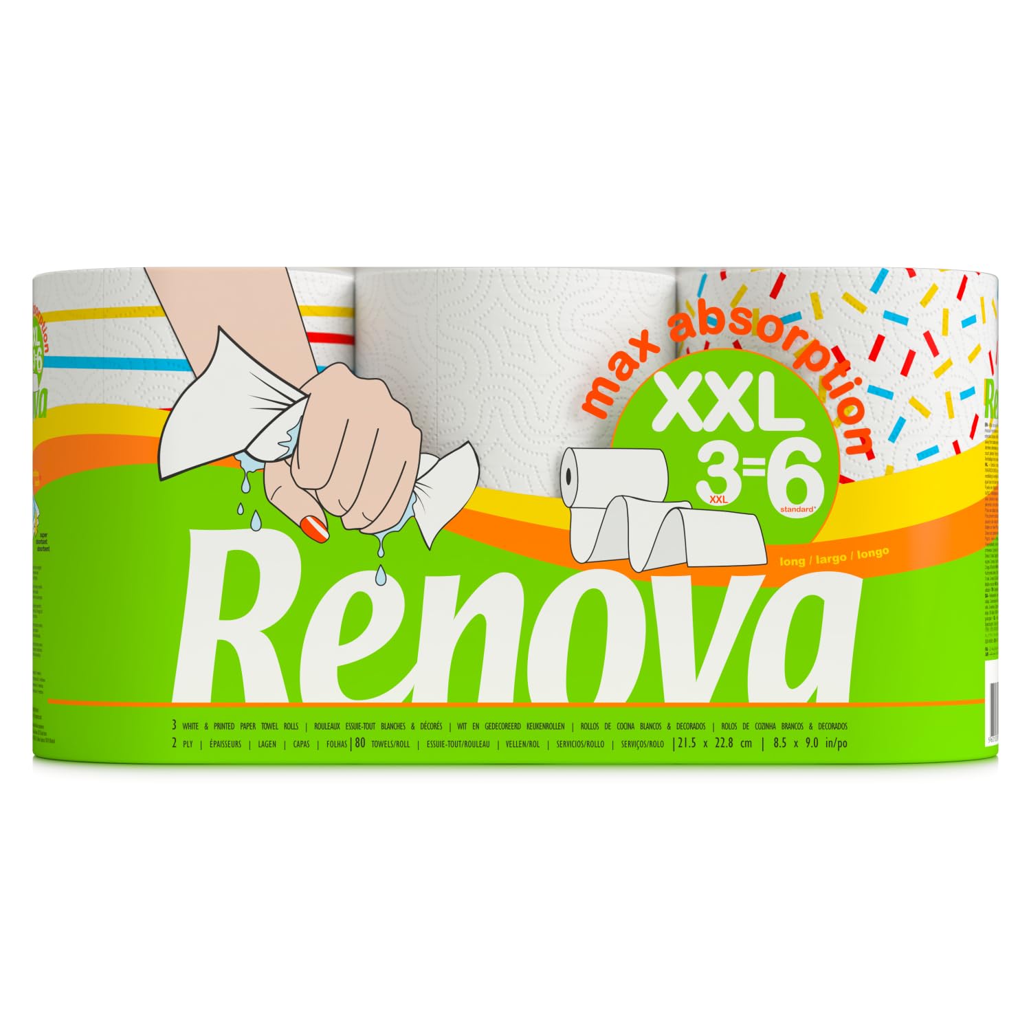 Renova Maxi-Absorption Kitchen Towel| 3 Rolls | 3 Rolls XXL = 6 Standards|2 Ply White