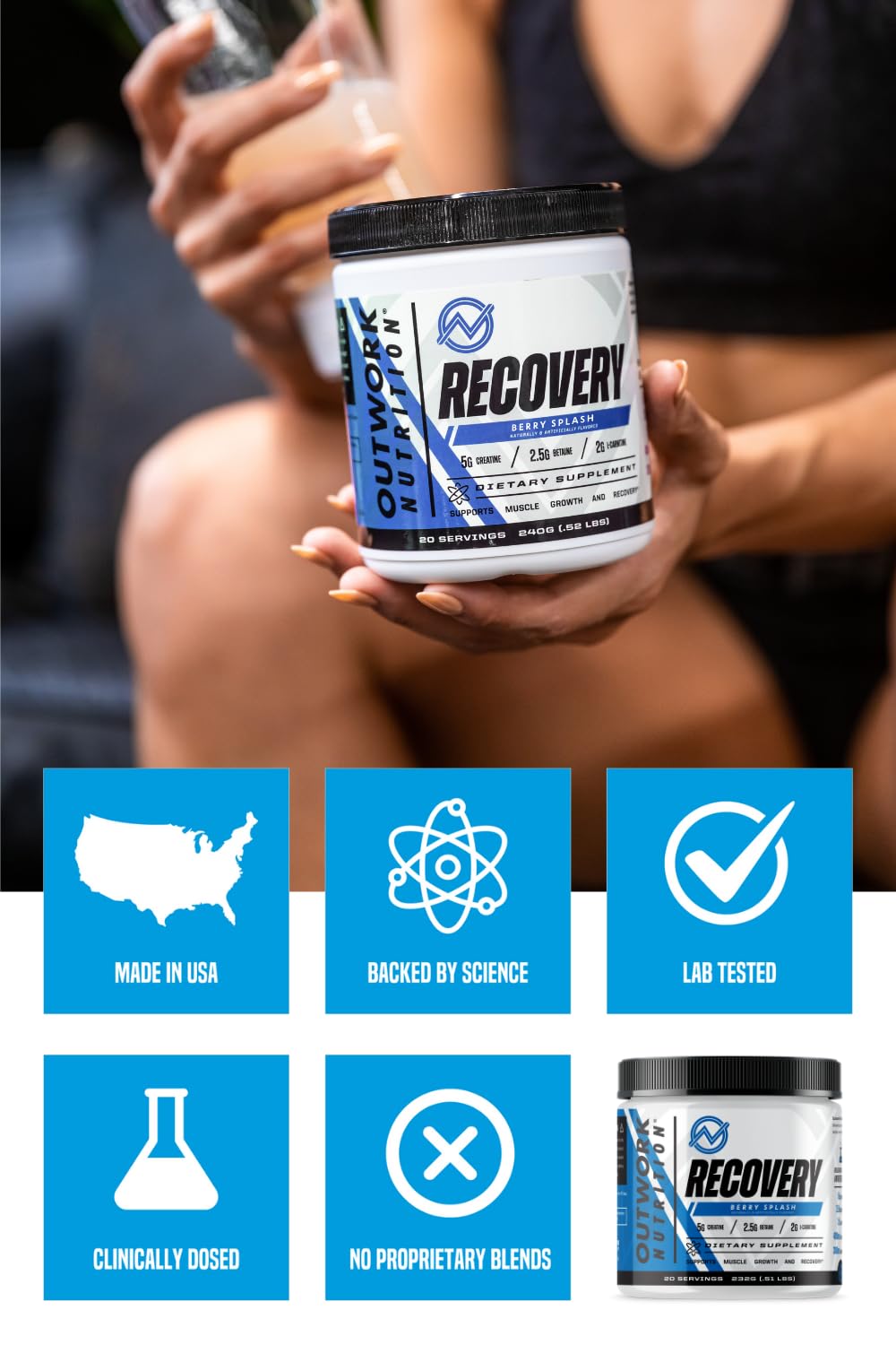 Outwork Nutrition Post Workout Recovery Powder - Creatine Monohydrate, KSM-66 Ashwagandha & Tart Cherry - Speeds Recovery, Eases Soreness - Creatine Powder for Men & Women, Berry Splash, 240 Gr