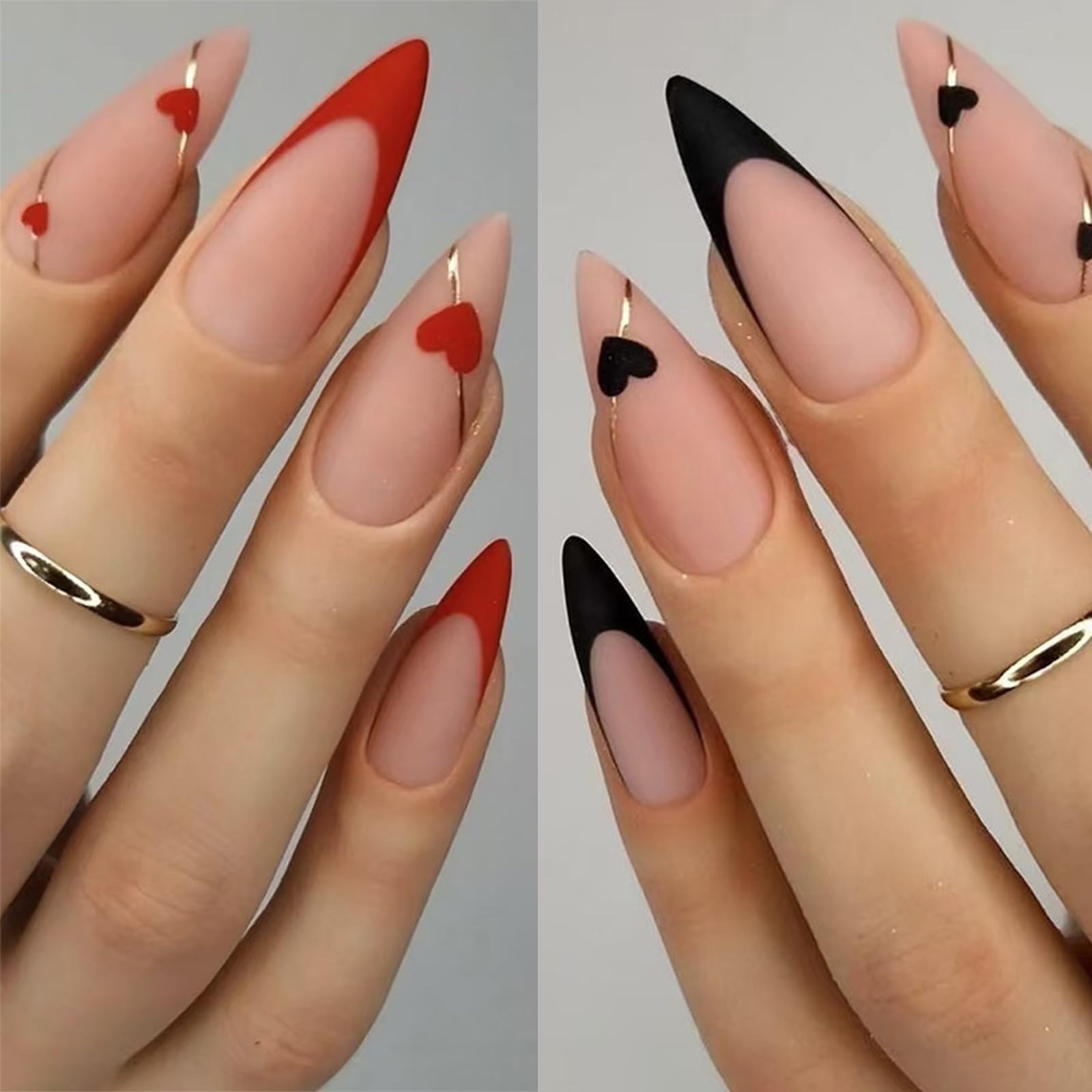 2 Packs 48Pcs Almond Press on Nails Medium Valentine's Day Fake Nails Red Black French Tip Nails Press on Heart Love False Nails Reusable Artificial Acrylic Nails for Women Girls Nails Decoration Kit