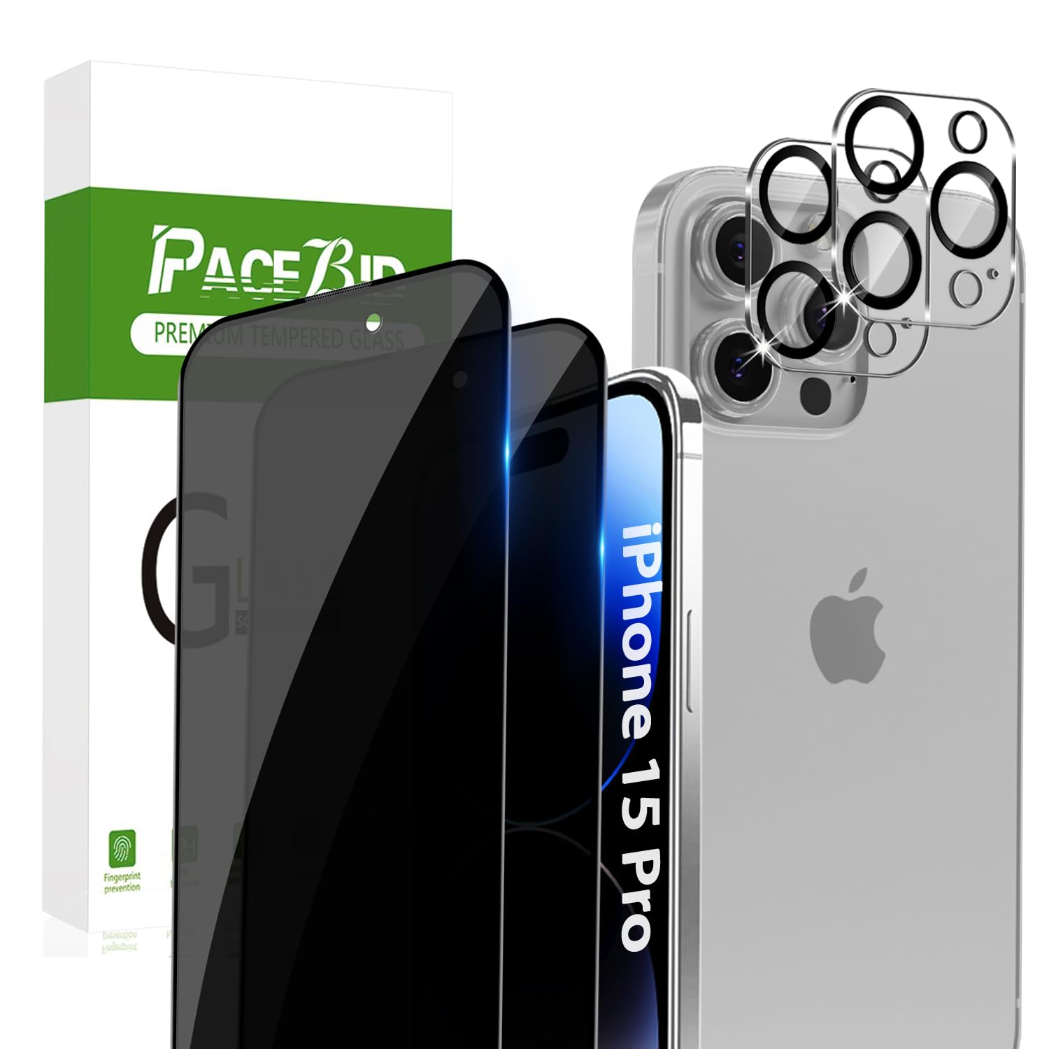 PaceBid Privacy Screen Protector for iPhone 15 pro, [2+2 Pack] Tempered Glass Screen Protector Camera Glass Film Full Coverage Anti Scratch 9H Hardness Anti Spy Screen Protector for iPhone 15 pro