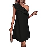 Floerns Women's One Shoulder Tiered Layered Sleeveless Ruffle Trim Tunic Dress