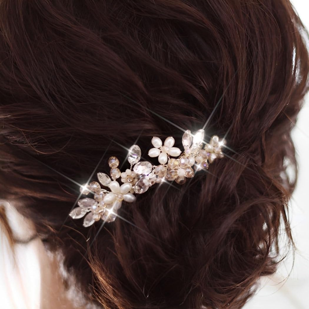 Edary Bride Wedding Hair Pins Bridal Flower Hair Pieces Crystal Hair Accessories Pearl Party Hair Clips Rhinestone Hair Jewelry Bead Headpiece for Women and Girls (Pack of 2)