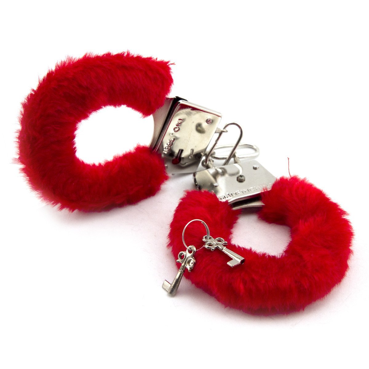 Monaldy Plush Handcuffs Furry Flurry Soft Steel Real Looking Metal Fluffy Cuffs Stag Hen Party Night Bedroom Play Handcuff Police Fancy Dress Halloween Comes with Keys Couple Adult Toy (Red)