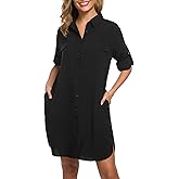 MANAIXUAN Women's Shirt Dress V Neck Long Sleeve Loose Casual with Pockets Front Button