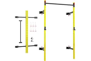 Soozier Wall Mounted Folding Squat Rack with Pull Up Bar, 1000 Pounds Capacity Power Rack, Adjustable Barbell Rack with J Hooks for Home Gym Full Body Workout, Yellow