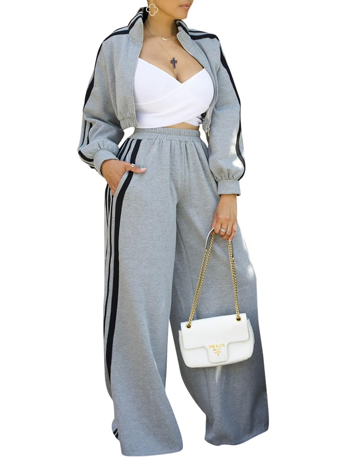 Photo 1 of Akmipoem Two Piece Sets for Women Fall Stripes Long Sleeve Zipper Crop Sweatshirts Wide Leg Pants Tracksuit Grey S
