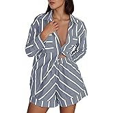 Tankaneo Womens Striped 2 Piece Outfits Button Down Shirts and Shorts Lounge Matching Sets
