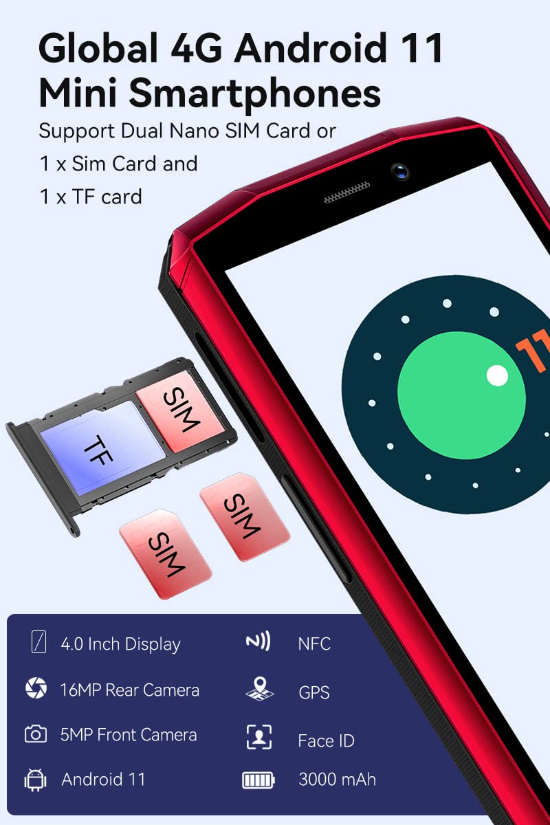 CUBOT Pocket 4.0 inch Mobile Phone, 4G Smartphone SIM Free Phones Unlocked, Android 11 Small Phone,16MP Camera,3000mAh,4GB+64GB/128GB Extension,Face ID/NFC/GPS (Black+Red)