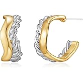 SHANTYSON Two Tone Hoop Earrings for Women Silver and Gold Plated Twisted Cable Open C Hoops Chic Hypoallergenic Earring Mixed Metal Jewelry