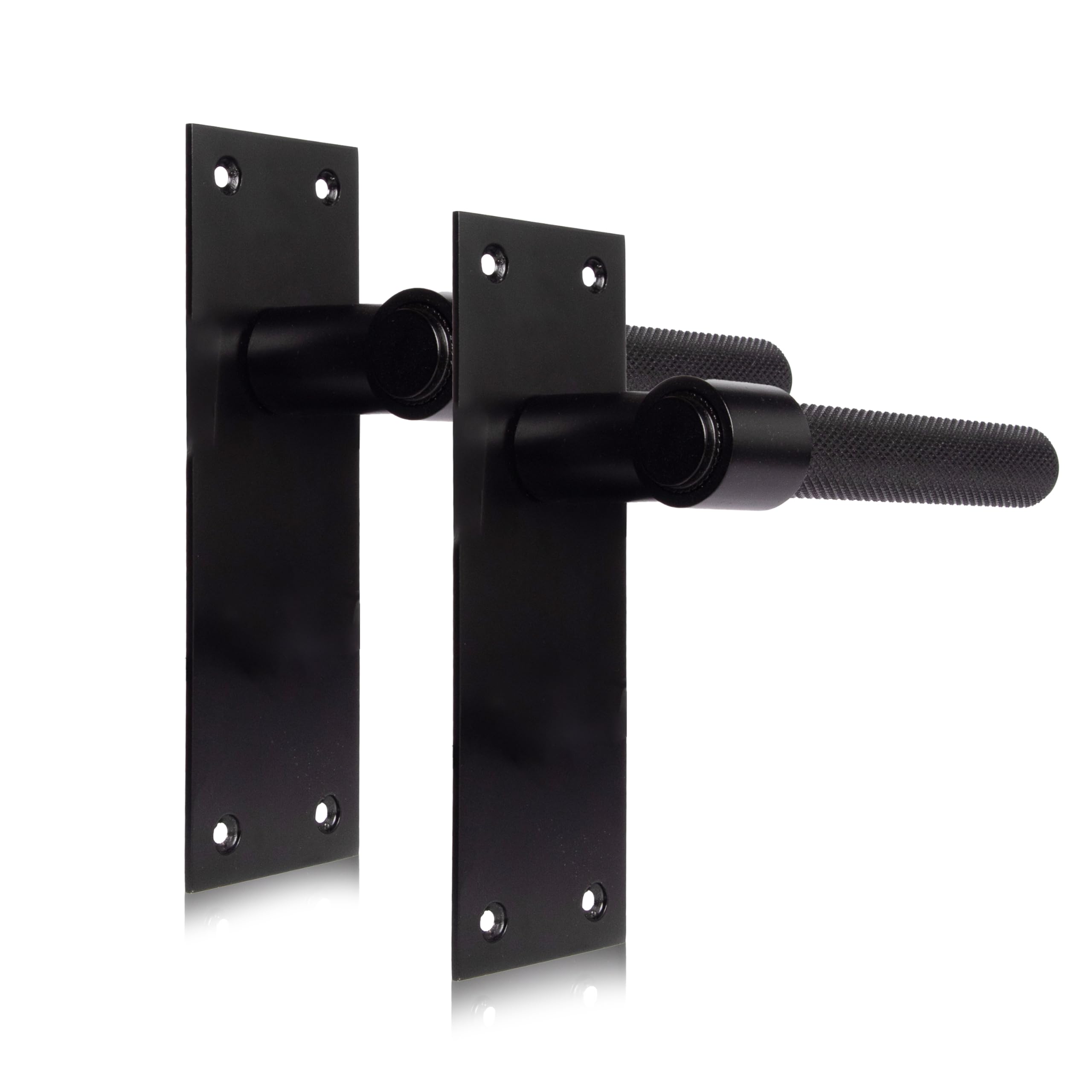 XFORT Onyx Collection, Slimline Backplate Lever Latch Knurled Door Handles, Matt Black (150x60mm) for Internal Wooden Doors