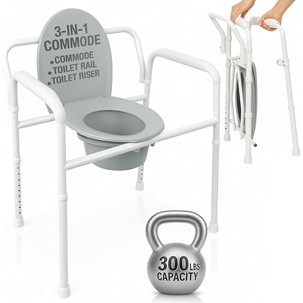 Aidapt Commode Chair,Bedside,Bathroom,Height Adjustable,Toilet Seat&Lid,Commode Pail,Chamber Pot,Disabled&Elderly,Mobility,Supplied Flat Packed,No Tools Required,Easy Install,Push Pin Installation