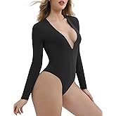 Suprenx Women's Deep V Neck Long Sleeve Bodysuit Shirts Slim Fit Going Out Tops Double Lined Basic Tee