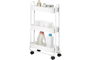 SunnyPoint Slim Rolling Storage Cart, 3 Tier Bathroom Storage Organizer Bathroom, Laundry Utility Cart (White)