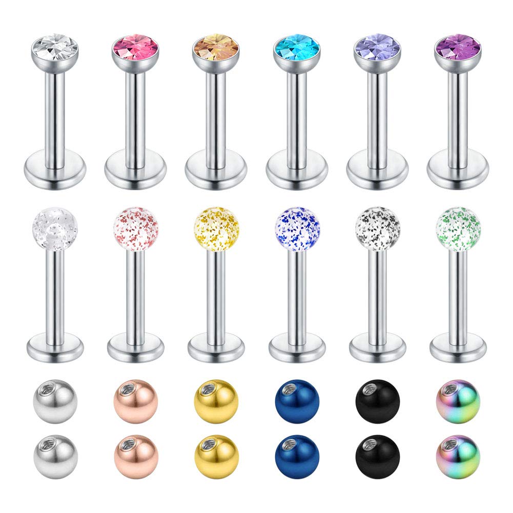 Longita 3mm Ball CZ 16G Stainless Steel Labret Monroe Lip Tragus Helix Earring Stud Barbell Piercing Jewelry Replacement Balls Bar Length 6mm/8mm