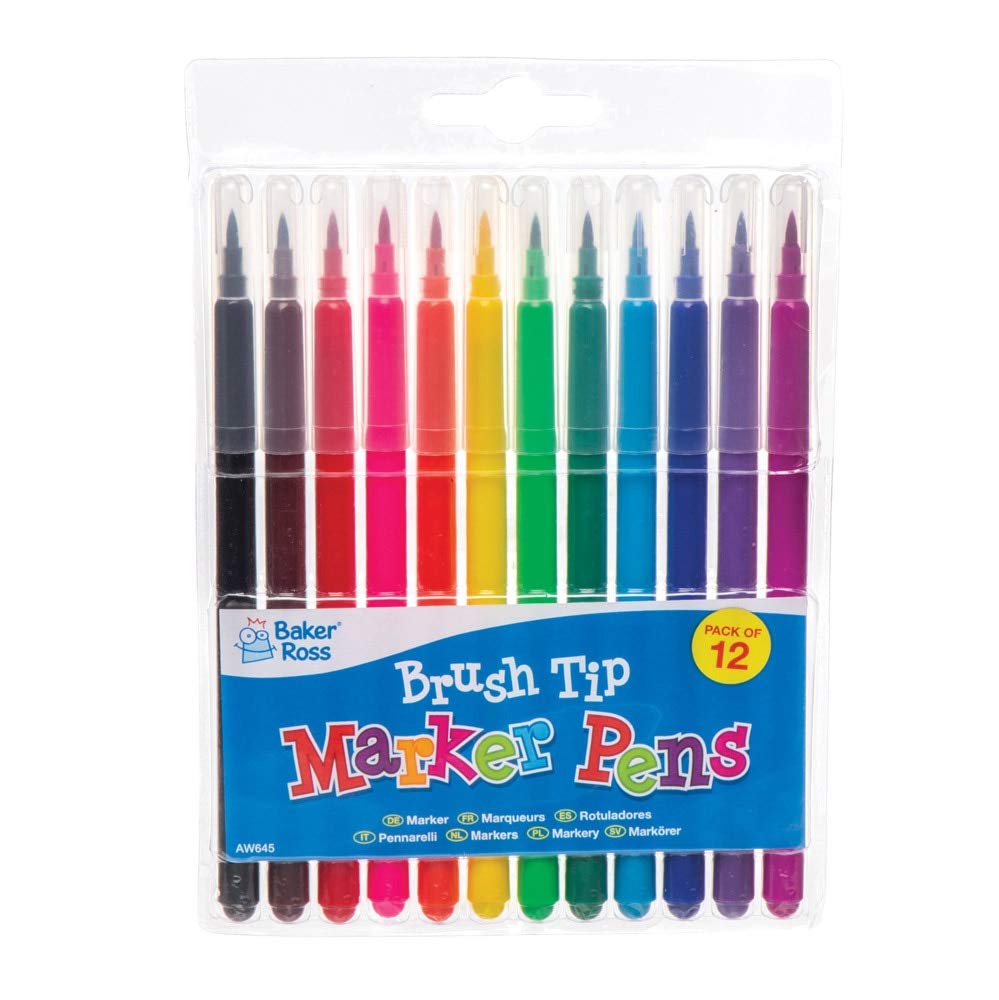 Baker Ross AW645 Brush Tip Marker Pen (Pack of 12) Assorted Colour Pens with Long Brush Fine Tips Perfect for Drawing, Colouring and Highlighting For Adults and For Kids