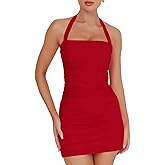 Nsbonu Women's Sexy Bodycon Ruched Halter Mini Dresses Sleeveless Backless Club Party Short Dress