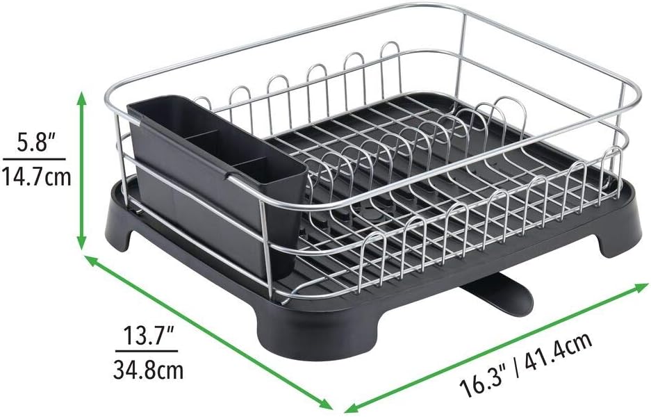 mDesign Large Kitchen Countertop, Sink Dish Drying Rack with Removable Cutlery Tray and Drainboard with Adjustable Swivel Spout - 3 Pieces, Silver Wire/Black Plastic Cutlery Caddy and Drainboard: Kitchen & Dining