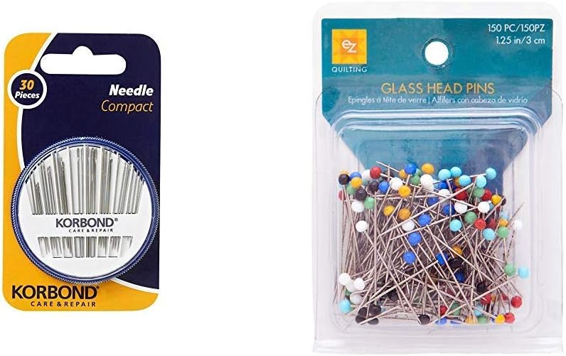 Korbond Needle Compact 30pcs, Small & EZ Quilting 881426A 150-Piece Glass Head Pins - Multicolor