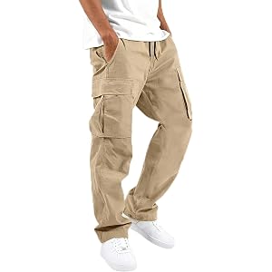 Mens Cargo Pants Casual Relaxed Fit Elastic Waist Hiking Cargo Work Pants | Drawstring Cargo Hiking Pants with Multi Pockets