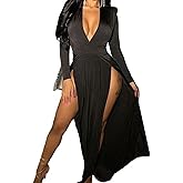 SEMATOMALA Women's Long Sleeve Thigh Slit Long Cocktail Dress Deep V Neck Side High Split Swing Sexy Evening Party Maxi Dress