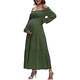 JINDIIM Women's Fall Long Sleeve Maternity Maxi Dress Flowy Tiered A Line Photoshoot Baby Shower Dress